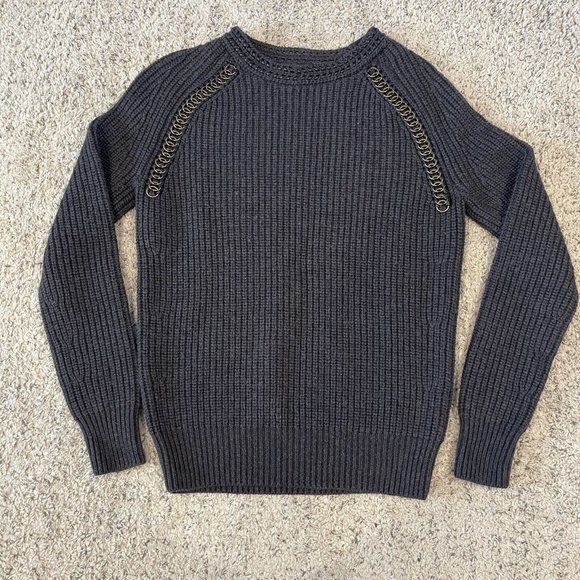 Tory Burch Trudy Chain Leather Detail Pullover Wool Sweater Navy Blue Womens S - Picture 1 of 9